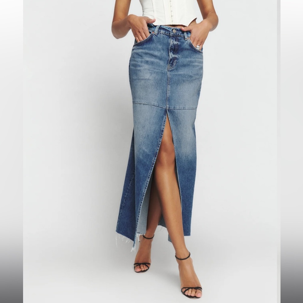 NWT Reformation jeans Tazz maxi denim skirt in Hemlock with front slit 25